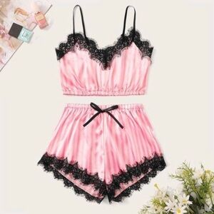 NEW Retro Pin Up Pink Black Sexy Lace Lingerie Silky Shorts Y2K Babydoll Set XL